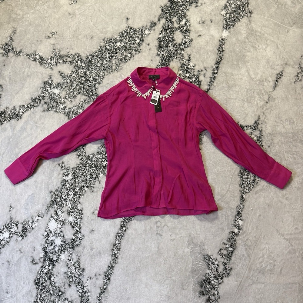 Gracia Fuchsia Pink Blouse Size M Jeweled Collar Long Sleeve Button Up NWT
